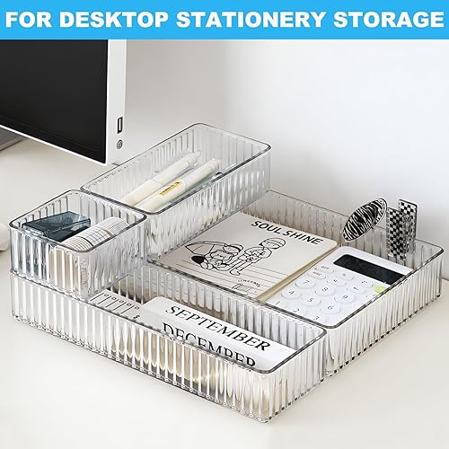 Miniatura 6 de HOTOOLME 7 cubos organizadores de cajones transparentes, organizador de cajones de maquillaje apilables de 4 tamaños, bandejas de almacenamiento de