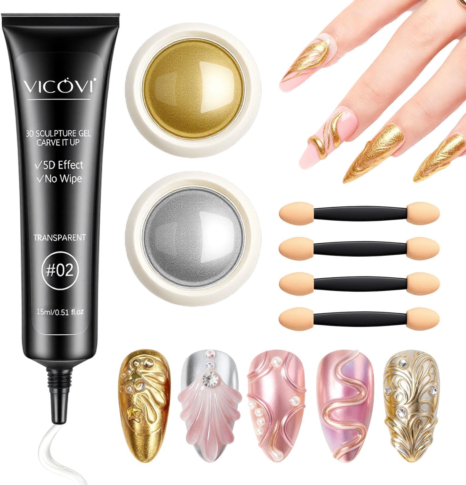 LOPHE Multifunctional 3D Nail Gel: Gold & Silver Mirror Effect Chrome Nail Powder and 15ml No Wipe Sculpting Gel Set with Applicators for Nail Art Designs DIY Manicure Nail Painting Carved