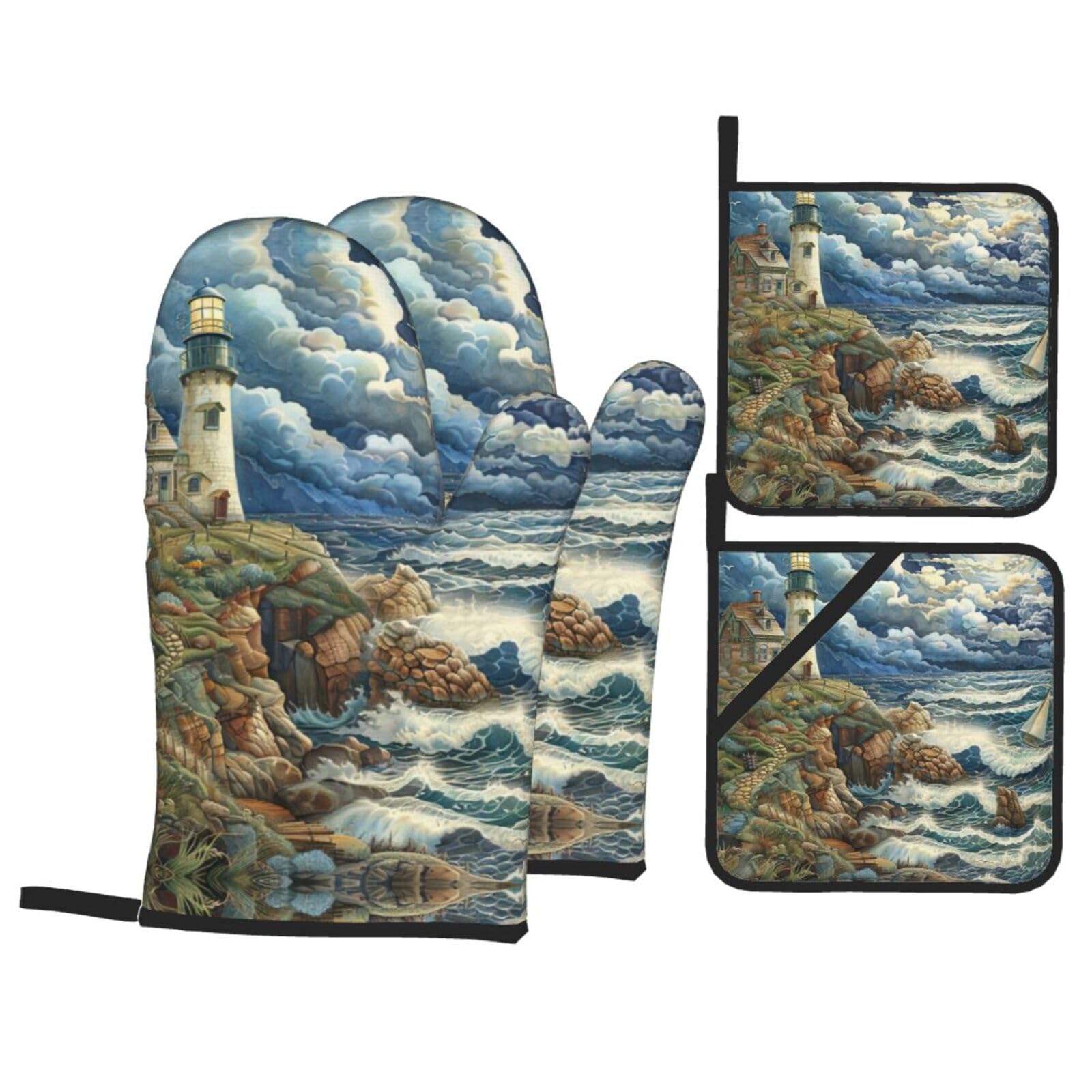 The Seaside Lighthouse Print Stylish 4-Piece Microwaving Oven Waterproof Kitchen Gloves Baking Holiday Cooking