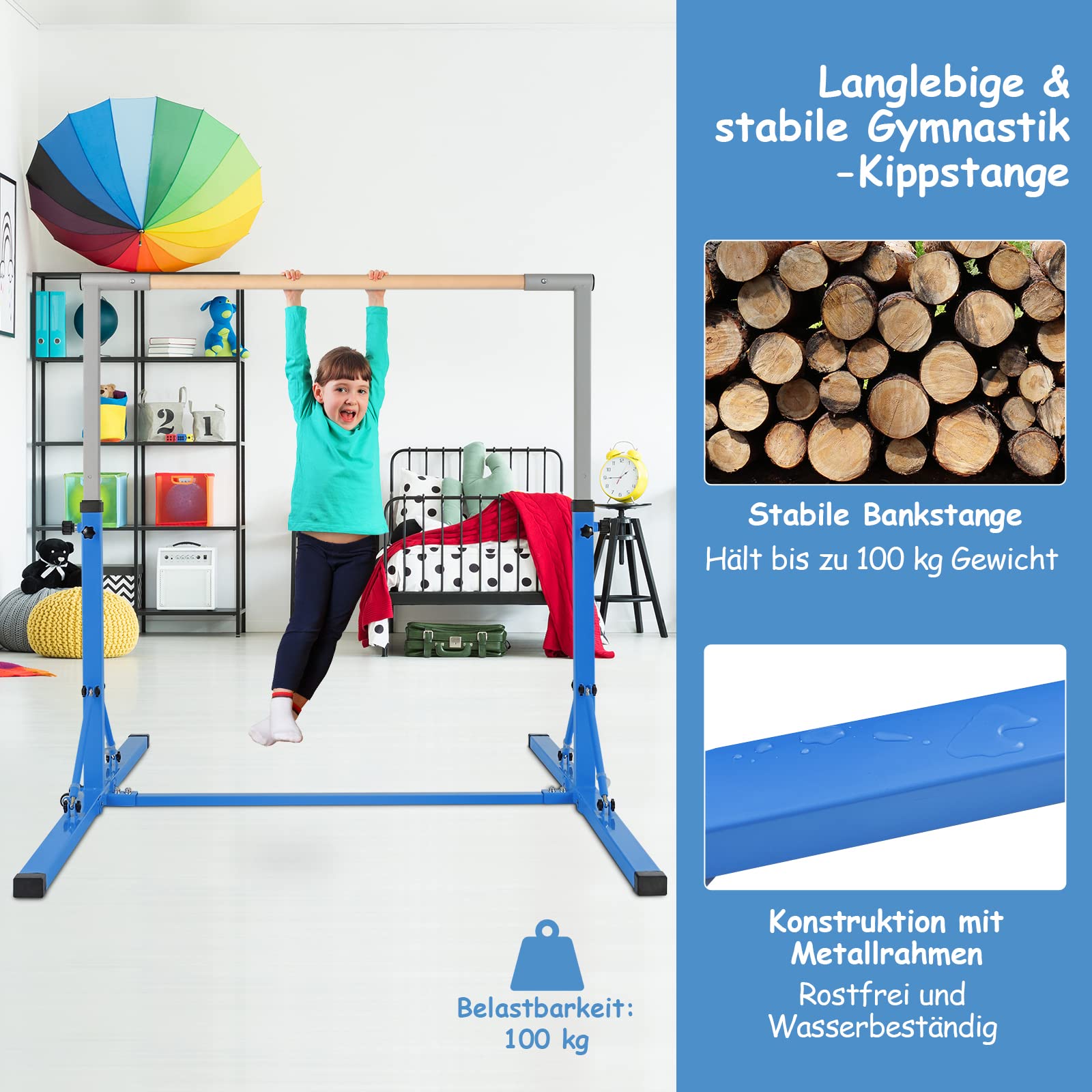 COSTWAY Gymnastik Turnreck klappbar, Turnreck 90-150cm höhenverstellbar, Reckstange mit Rollen, tragbarer Turnstangen bis 100kg belastbar, Reckanlage, Trainingsgeräte