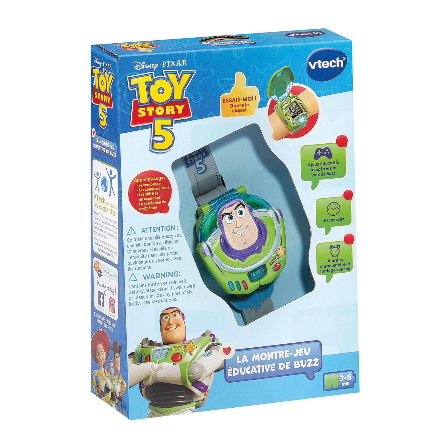 VTech - Toy Story 5, La Montre-Jeu Éducative de Buzz - Montre Toy Story avec Écran Animé, Bracelet Réglable, 10 Cadrans, 4 Jeux - Buzz l'Éclair Parlant - Cadeau Enfant Dès 3 Ans - Contenu en Français