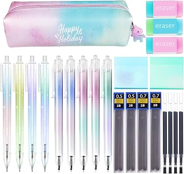Cute Kawaii Stationery Set, Cute Back to School Supplies with Erasers,Cute 0.5mm&0.7mm Mechanical Pencils,Gel Pens,Sticky Notes,Kawaii Birthday Christmas Gifts for Office School Supplies