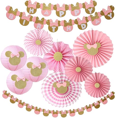 11 piezas de decoración de fiesta de cumpleaños de Minnie para niñas, suministros de primer y tercer cumpleaños, guirnalda de pancarta feliz,