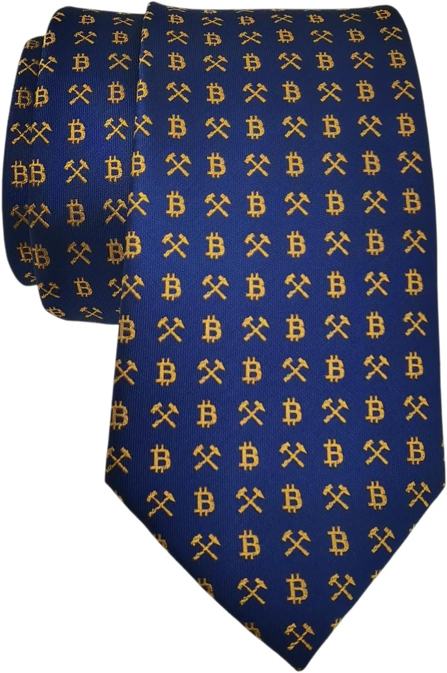 Bitcoin Woven Necktie for Men, Blue and Gold Crypto Pattern Tie, Silk Material, 3.15 x 58 Inch, Gift Box Included
