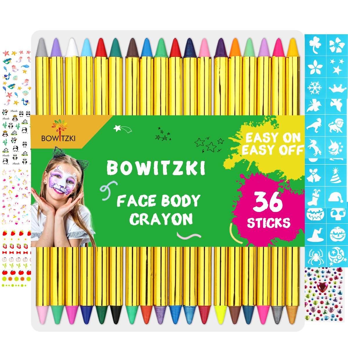 Bowitzki Face Paint Crayons for Kids 36 Jumbo Body Painting Marker Sticks Makeup Crayon Kit For Party Christmas Halloween with Face Painting Stencils Nail Sticker Jewels