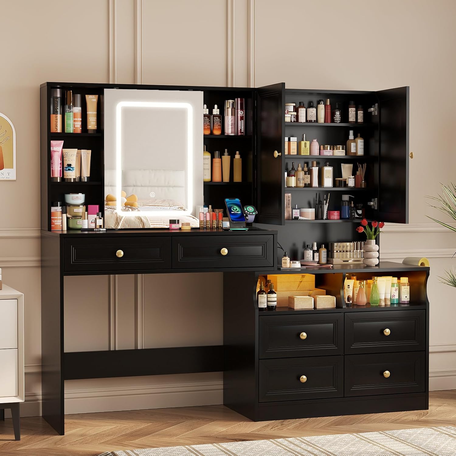 Vabches 58.6" Large Vanity Desk with Sliding Mirror & Lights, Black Makeup Vanity Table & Nightstand Combo with Power Outlet and 6 Drawers 15 Shelves with Light Strips for Bedroom Dressing Room