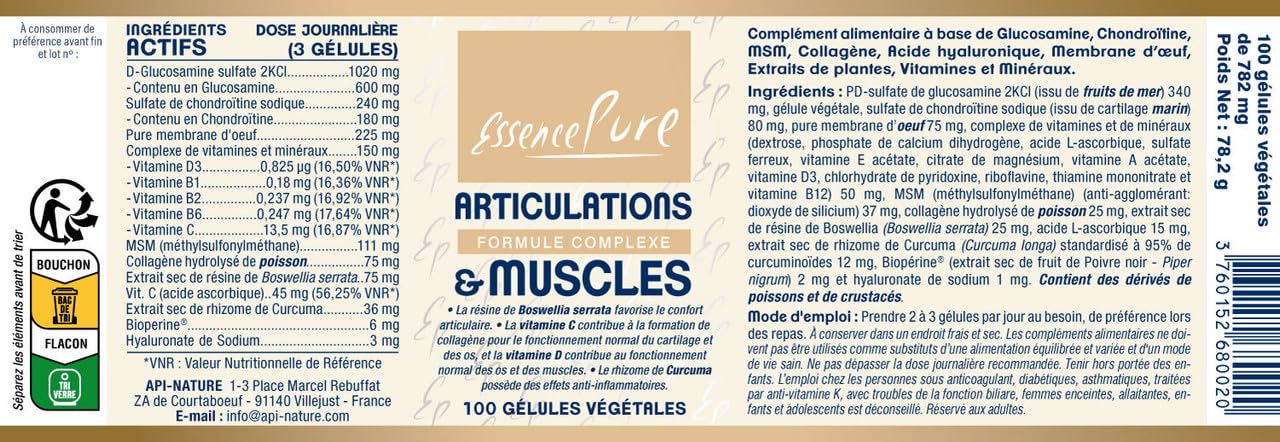 Glucosamine Chondroïtine MSM + Collagène marin + Boswellia 30% AKBA | Acide hyaluronique, Curcuma, Bioperine®, Vitamines C & D | Articulations & Muscles | 100 gélules | Essence Pure