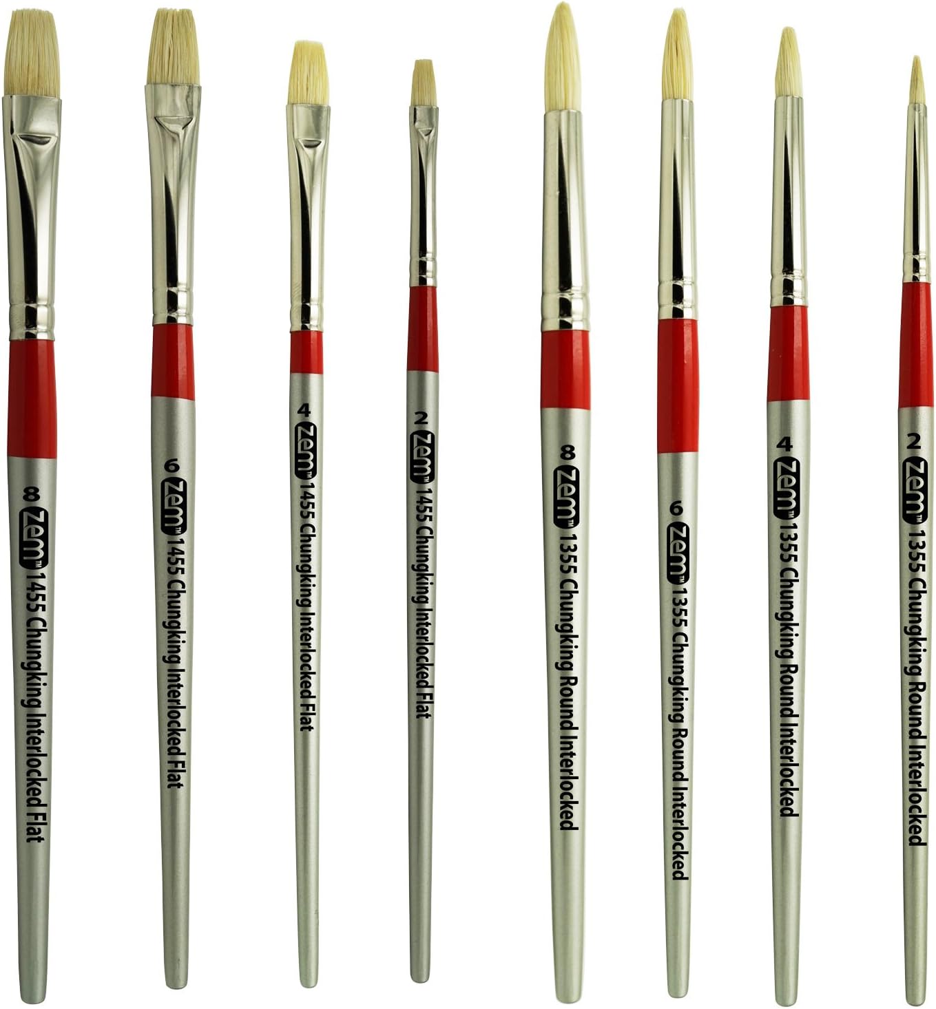 ZEM Brush Chungking White Hog Bristle Interlocked Rounds and Flats 8 Pc Brush Set + Free Canvas Carry Case