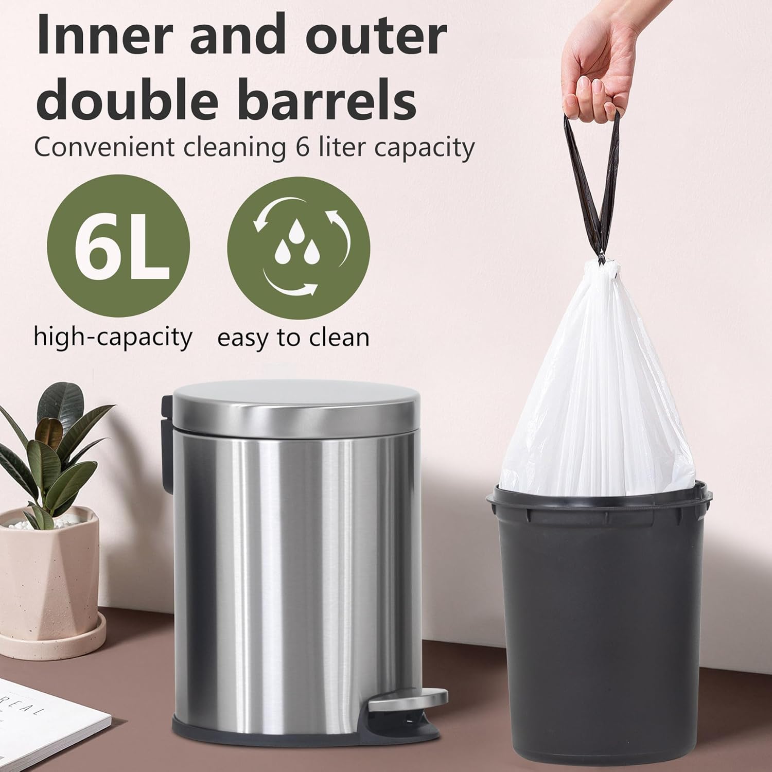 FDW Small Trash Can Stainless Steel Trash Bin with Removable Bucket 6L/1.6Gallon Foot Pedal Modern Design for Bathroom,Bedroom,Office or Resturant (1)