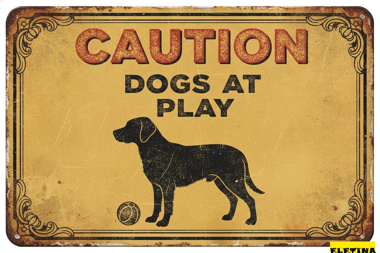 Tin Sign for Man Cave Street Wall Art Plaque Caution - Dogs At Play Metal Yard Decoration S Outdoor & Indoor Aluminum Metal Tin 8x12in Private Property Decorative