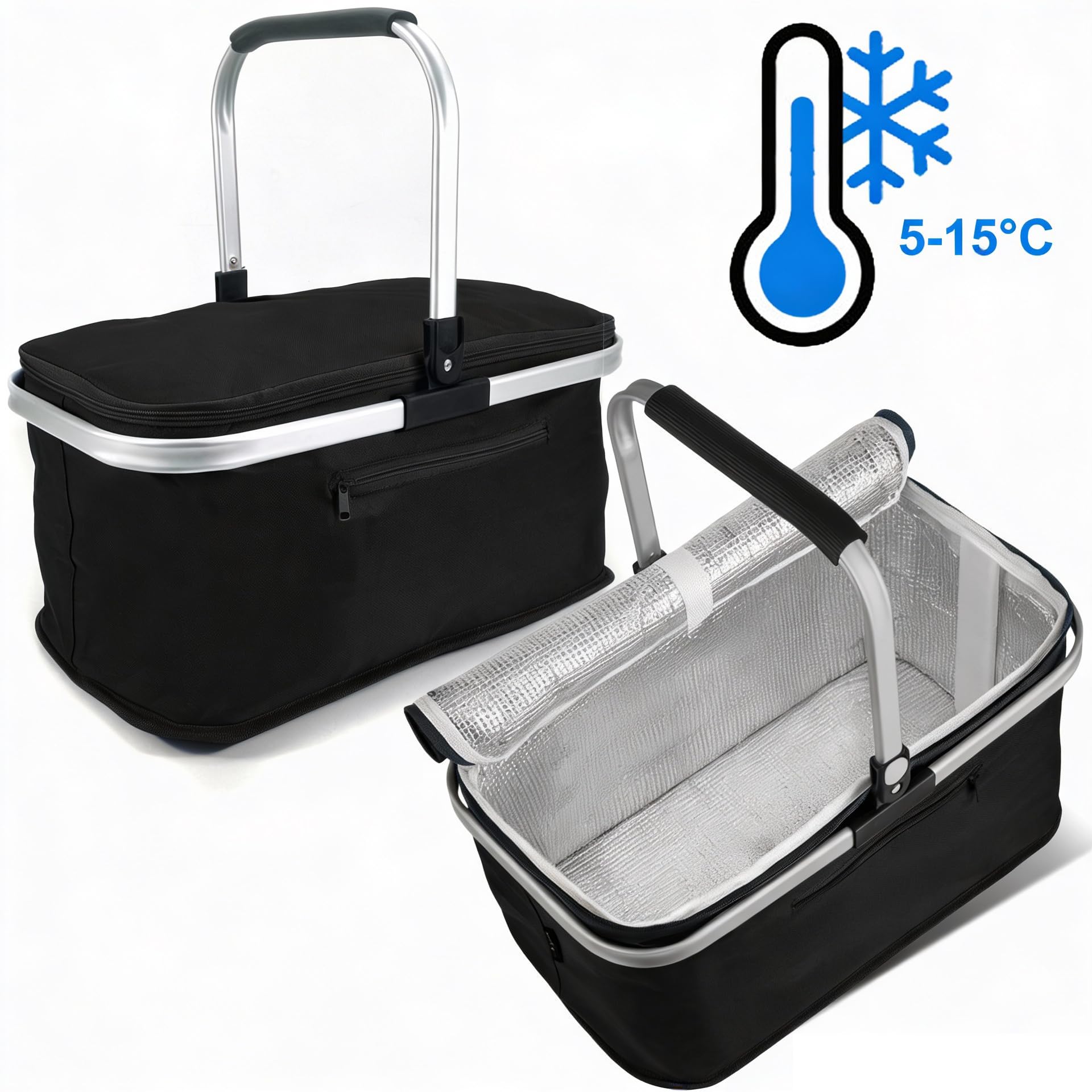 2 Stück 24L Einkaufskorb Groß Isolierkorb Kühlkorb Kühltasche Picknickkorb Thermotasche Kühltasche Thermo Tasche Kühlbox Einkaufskörbe (Schwarz)