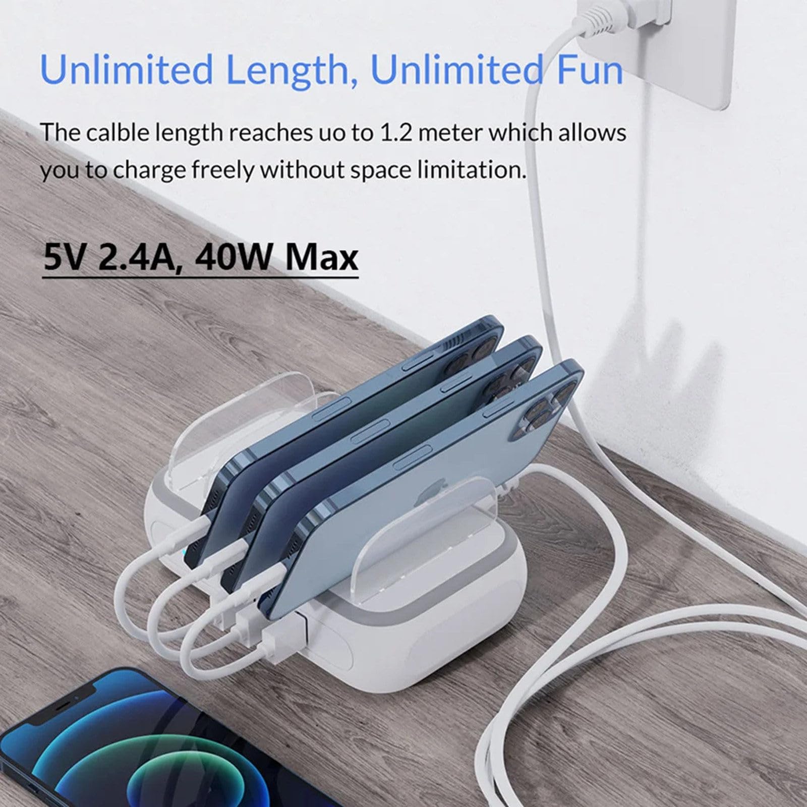 Cargador USB multipuerto, estación de Carga USB Inteligente de 5 Puertos Organizador Base para múltiples teléfonos celulares Enchufe de alimentación de 5 V Adaptador de Carga rápida,White-40W
