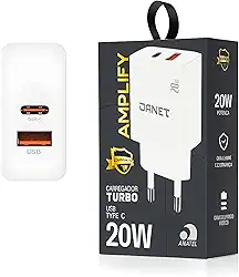 Carregador de Parede Duplo Amplify PD 20W Turbo com Saídas USB-C e USB-A Bivolt - Danet