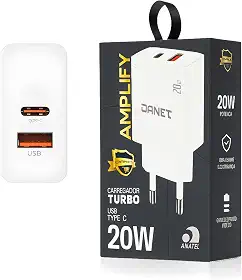 Carregador de Parede Duplo Amplify PD 20W Turbo com Saídas USB-C e USB-A Bivolt - Danet