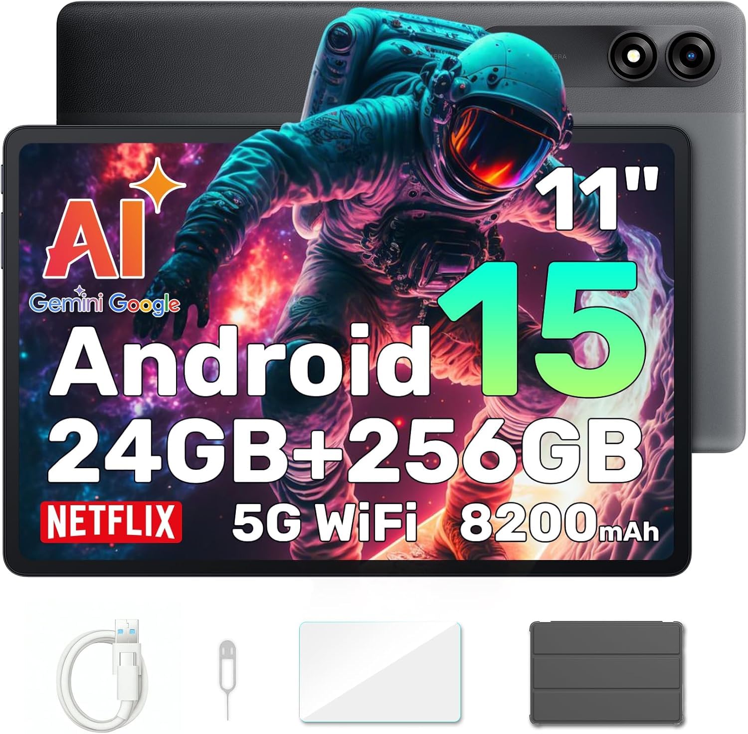 Blackview Tablet 11 Zoll Android 15 Gemini AI, 24GB RAM + 256GB ROM (2TB TF)/8200 mAh Akku/1920 * 1200 FHD IPS Widevide L1/PC Mode/Face ID/Octa-Core Gaming Tablet mit Hülle