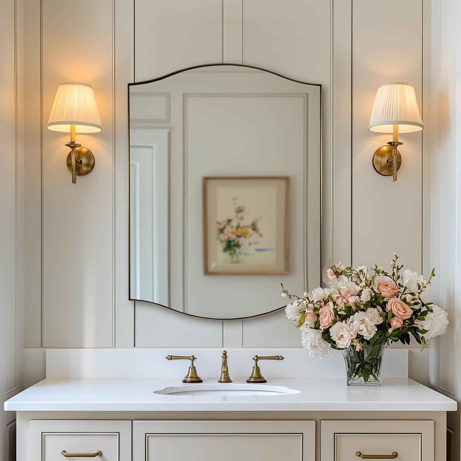 ANDY STAR Gold Bathroom Mirror, 24"x30" Scalloped Wall Mirror in Stainless Steel Metal Frame, Unique Vanity Mirror with Modern Curved Edge Design, Ideal for Bathroom, Bedroom, Entryway
