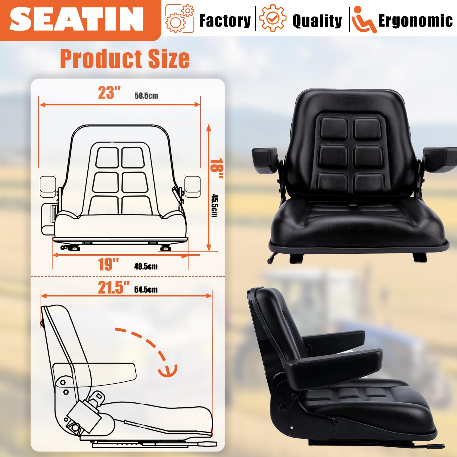 Asiento universal para carretilla elevadora con agujeros de montaje ajustables, reposabrazos, cinturón de seguridad y microinterruptor, asiento de tractor plegable para cortacéspedes, minicargadoras,