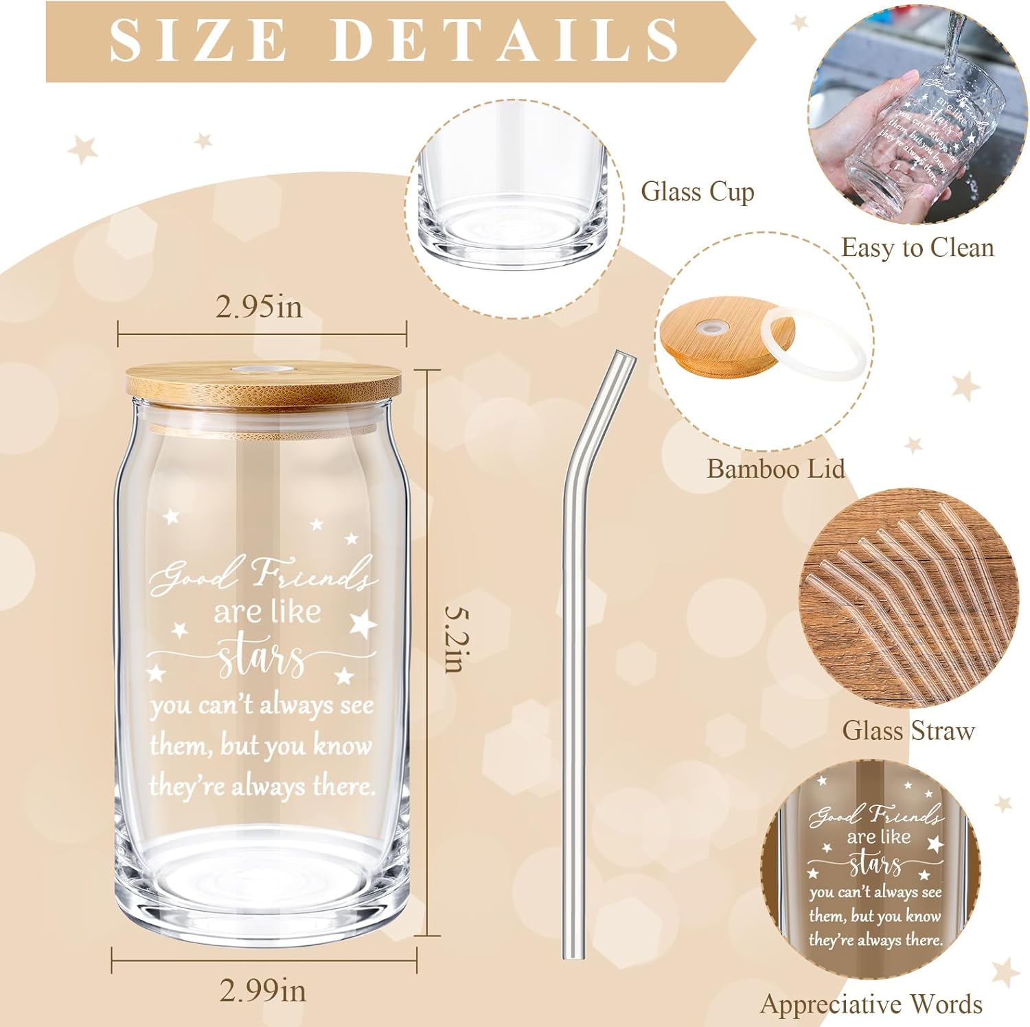 Zhehao 12 Pack Friendship Gifts for Women Friends Glass Cups Bulk 16oz Iced Coffee Glasses with Bamboo Lids and Straws for Volunteer Sisterhood Birthday Graduation Party Favors