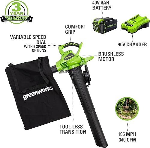 Miniatura 2 de Greenworks Sopladoraspiradora inalámbrica sin escobillas de 40 V (185 MPH) con kit de canaleta universal GK0A00
