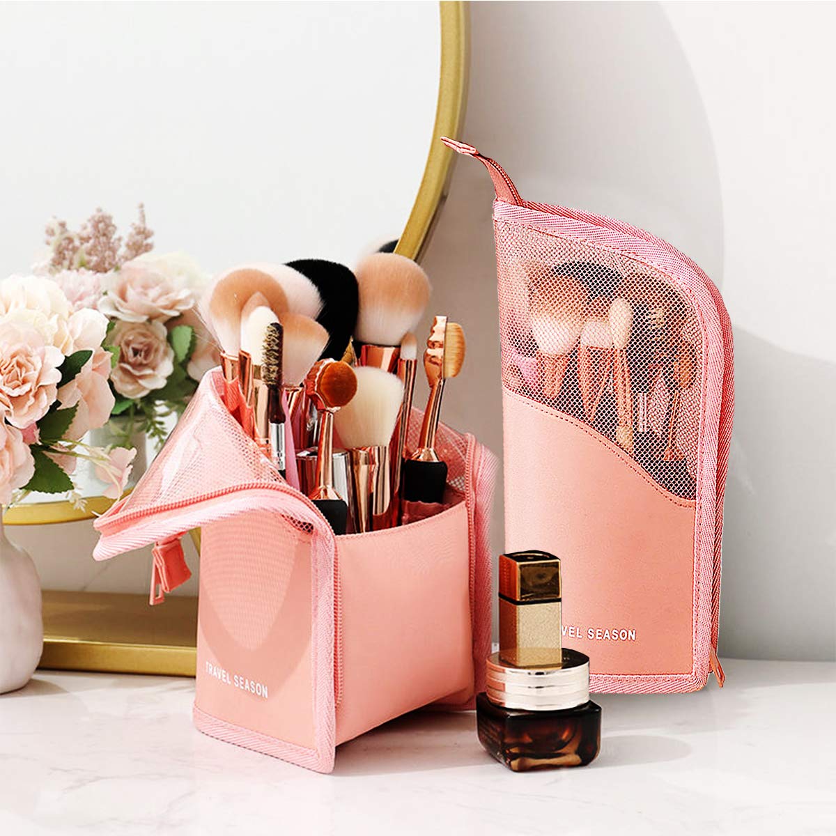 PawPawU Travel Makeup Brush Holder, Portable Stand-up Makeup Organizer Bag, Dust-Proof and Waterproof Storage Pouch Case Keeps Your Brushes Organized on Your Travels - Pink