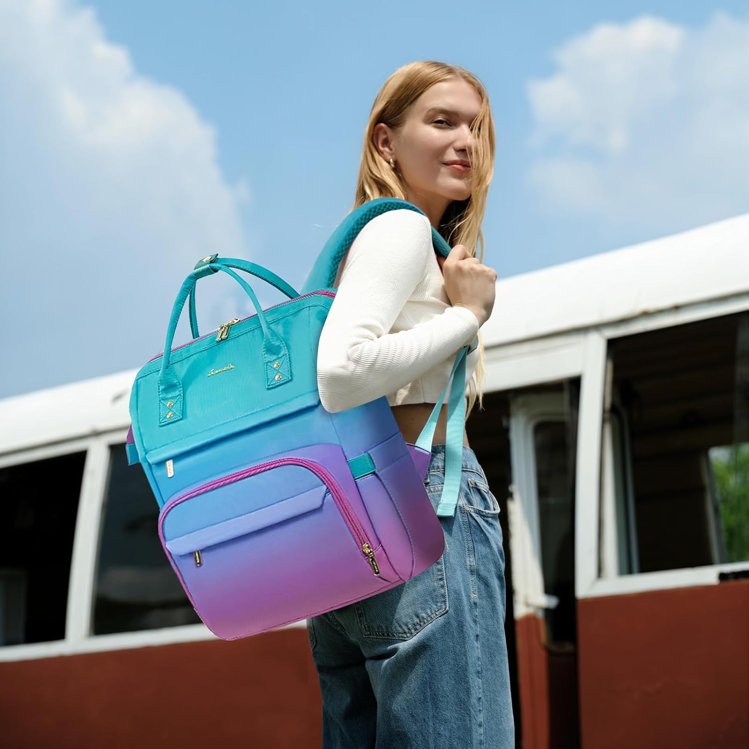 LOVEVOOK Gradient Laptop Backpack for Women,15.6 Inch Work Computer Bakcpack Purse Laptop Bag With Anti-Theft Pocket,Waterproof Carry on Teacher College Backpack for Travel,Green-Red