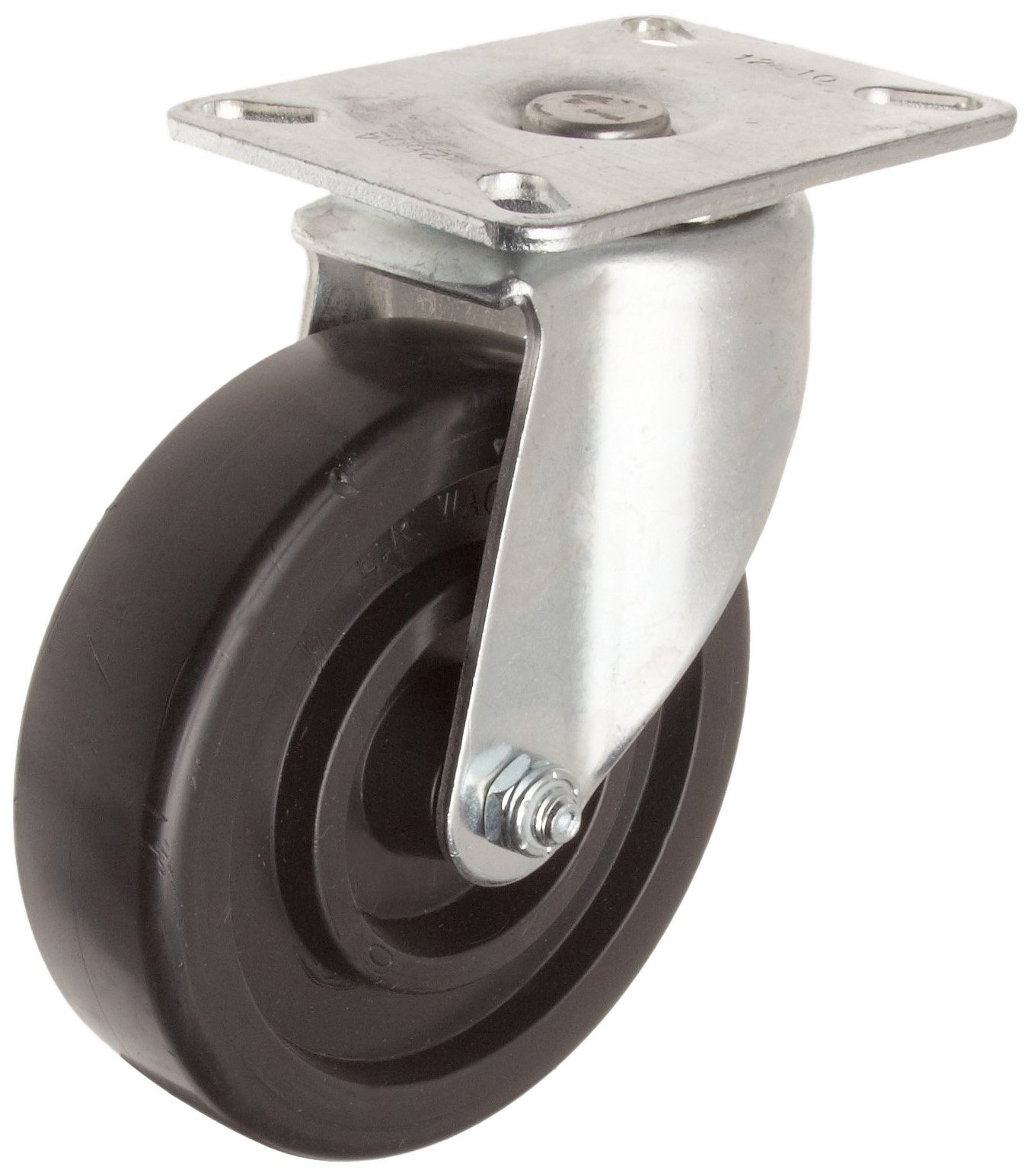 E.R. Wagner Plate Caster, Swivel, Polyolefin Wheel, Roller Bearing, 650 lbs Capacity, 5" Wheel Dia, 2" Wheel Width, 6-1/2" Mount Height, 5-1/2" Plate Length, 5" Plate Width