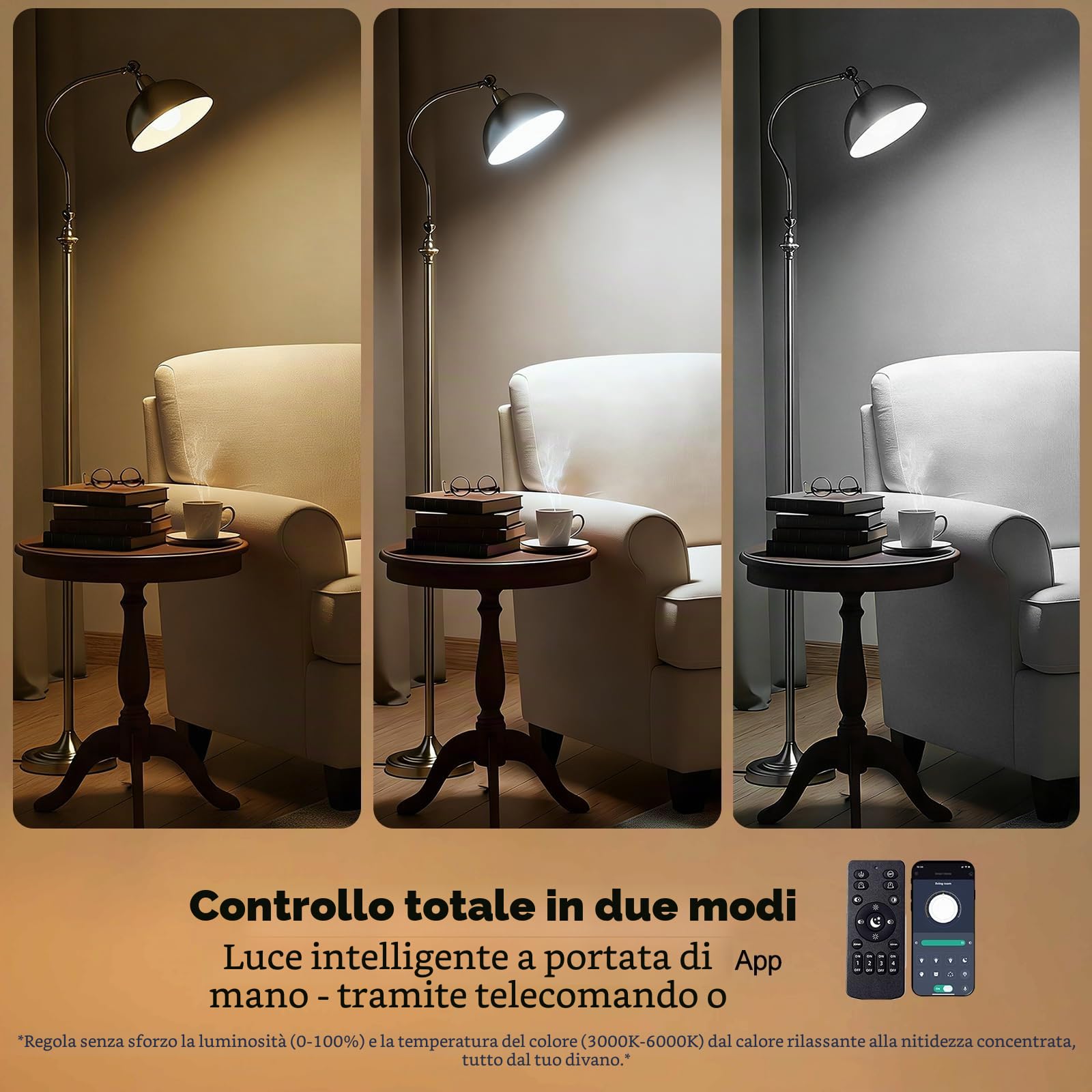 ACMHNC Lampada da Terra Salotto Vintage, 12W Piantana Lampada da Terra con Telecomando, Dimmerabile 3000/4500/6000K, attacco E27, Paralume Regolabile, per Soggiorno, Divano, Angolo, Bronzo