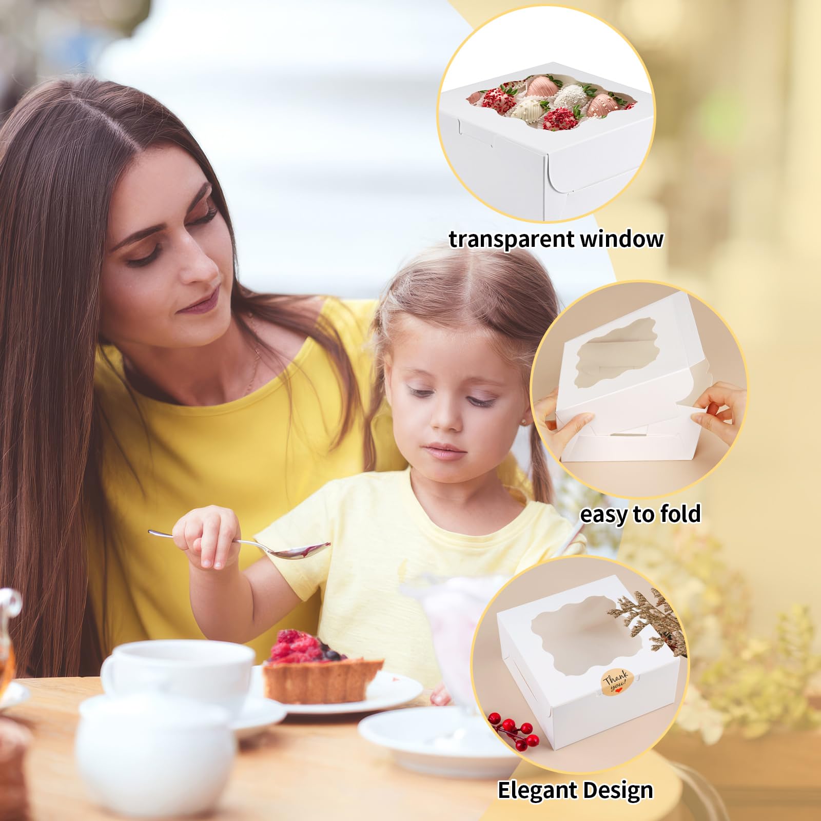 WINKIO 12 Pieces Cookie Boxes with Window, 6×6×3 Inches Treat Boxes for Bakery Dessert Pastry Mini Cake Favor Donut Baked Goods (White, with Stickers)