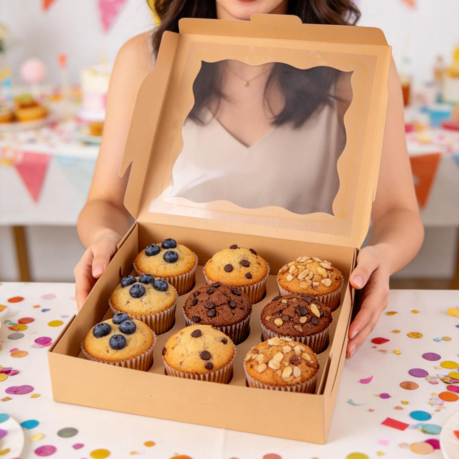 Lot de 15 boîtes de transport solides pour muffins, gâteaux et pâtisseries, 25,4 x 25,4 x 6,3 cm, marron, avec fenêtre transparente, grand format