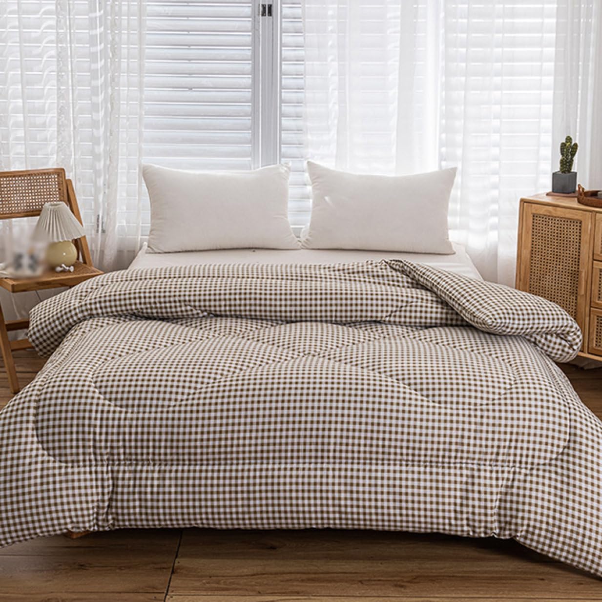 春夏羽毛布団 洗える チェック柄 清潔 キルトブランケット 1点セット キッズ羽毛布団 (カーキシングル 150 x 2003kg)