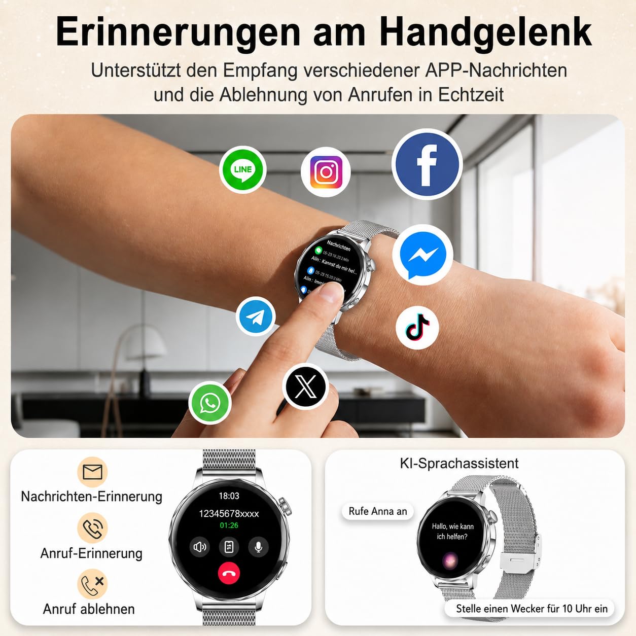 Smartwatch Donna Chiamate BLE5.3, 1,27'' HD Schermo Orologio Smartwatch Rotondo con Notifiche Messaggi/120+ Sportive/Cardiofrequenzimetro/SpO2/Sonno, Smart Watch Donna IP68 per Android iOS, Argento