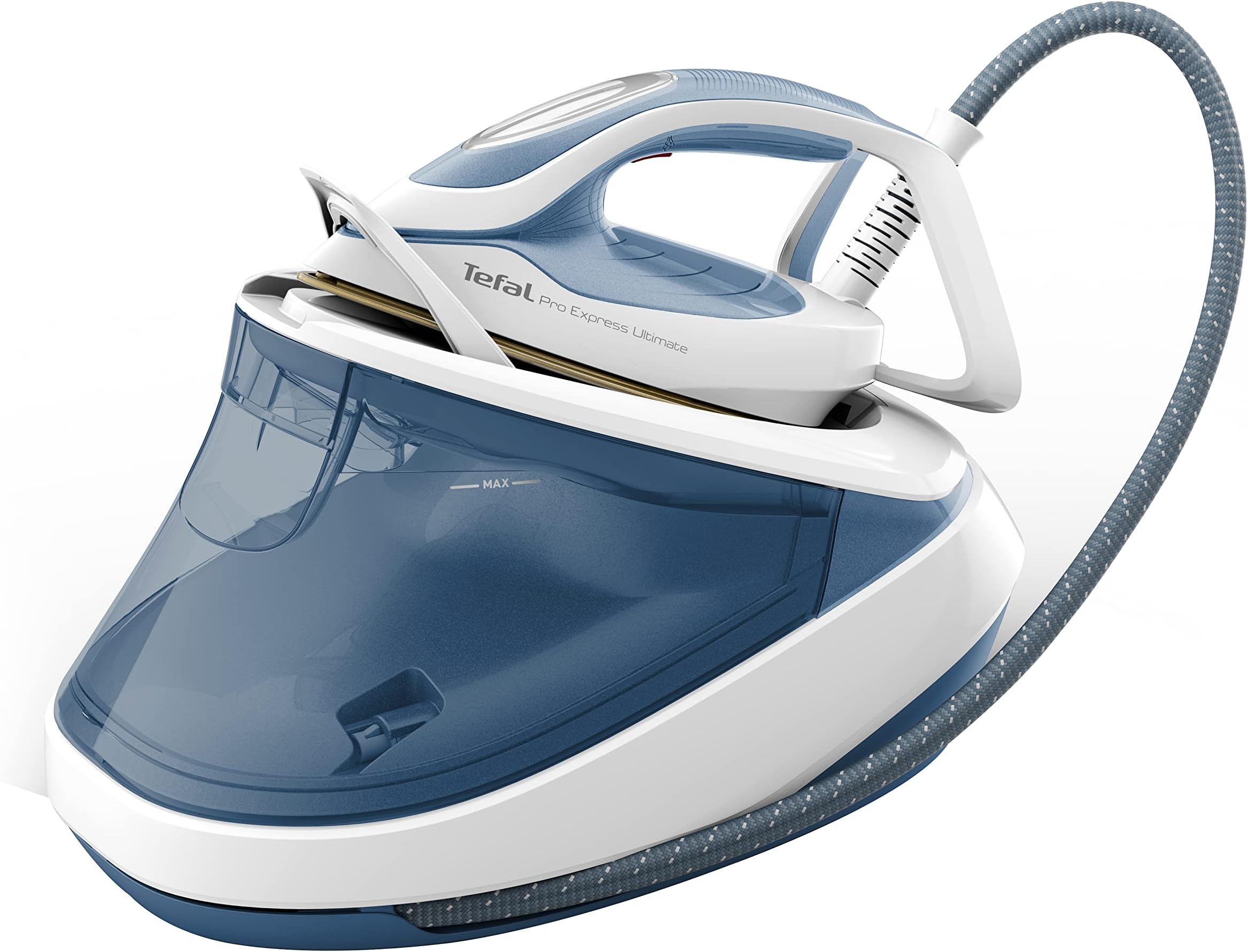 Tefal Pro Express Ultimate Steam Iron Station | 7.6 Bar Pressure | 155g/min Steam Release | 580g/min Burst | No Settings | Vertical Steaming | White/Blue