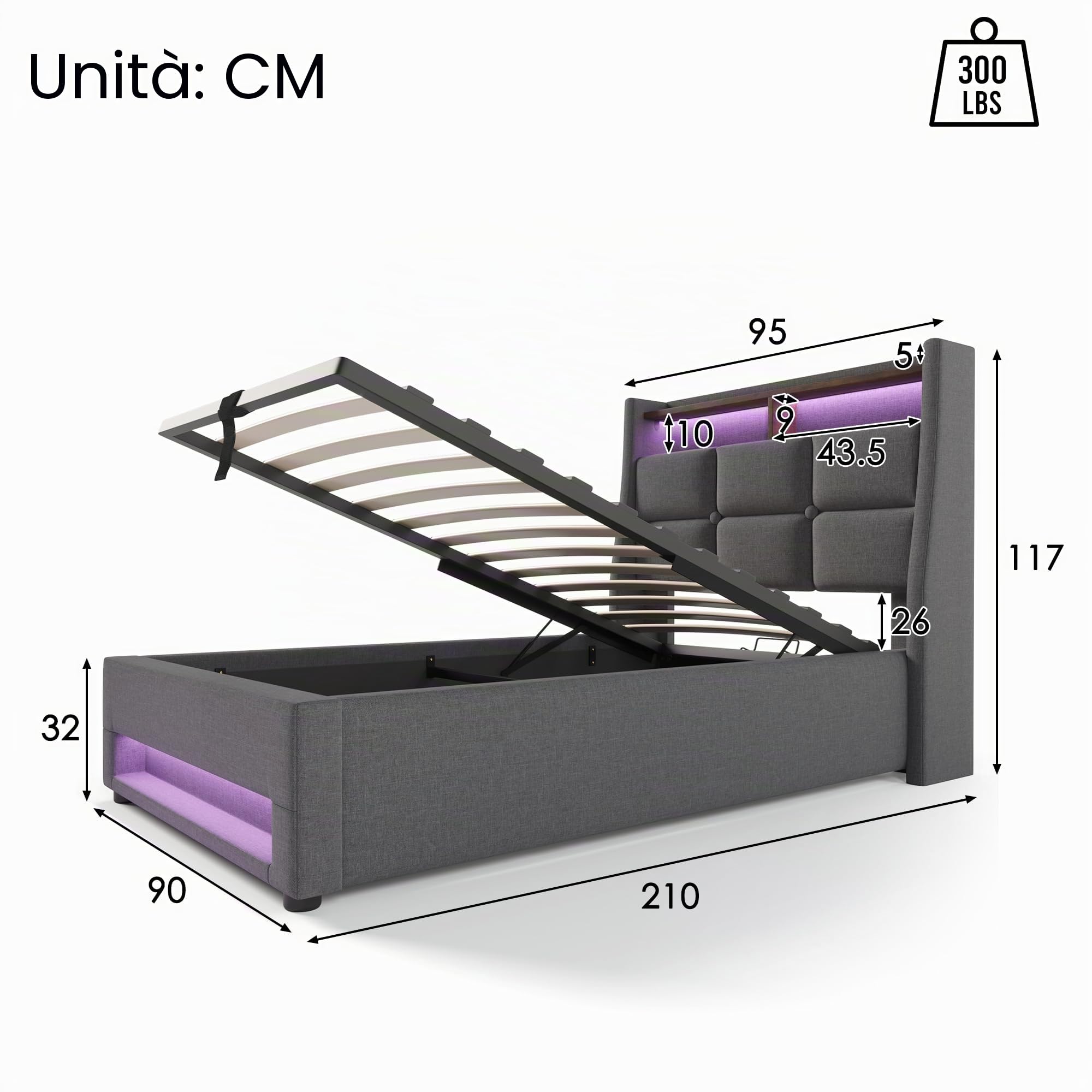 Letto imbottito 90 x 200 cm, letto singolo con vano portaoggetti e rete a doghe, testiera LED con funzione di ricarica USB, letto funzionale, schienale in lino (grigio, 90 x 200 cm)