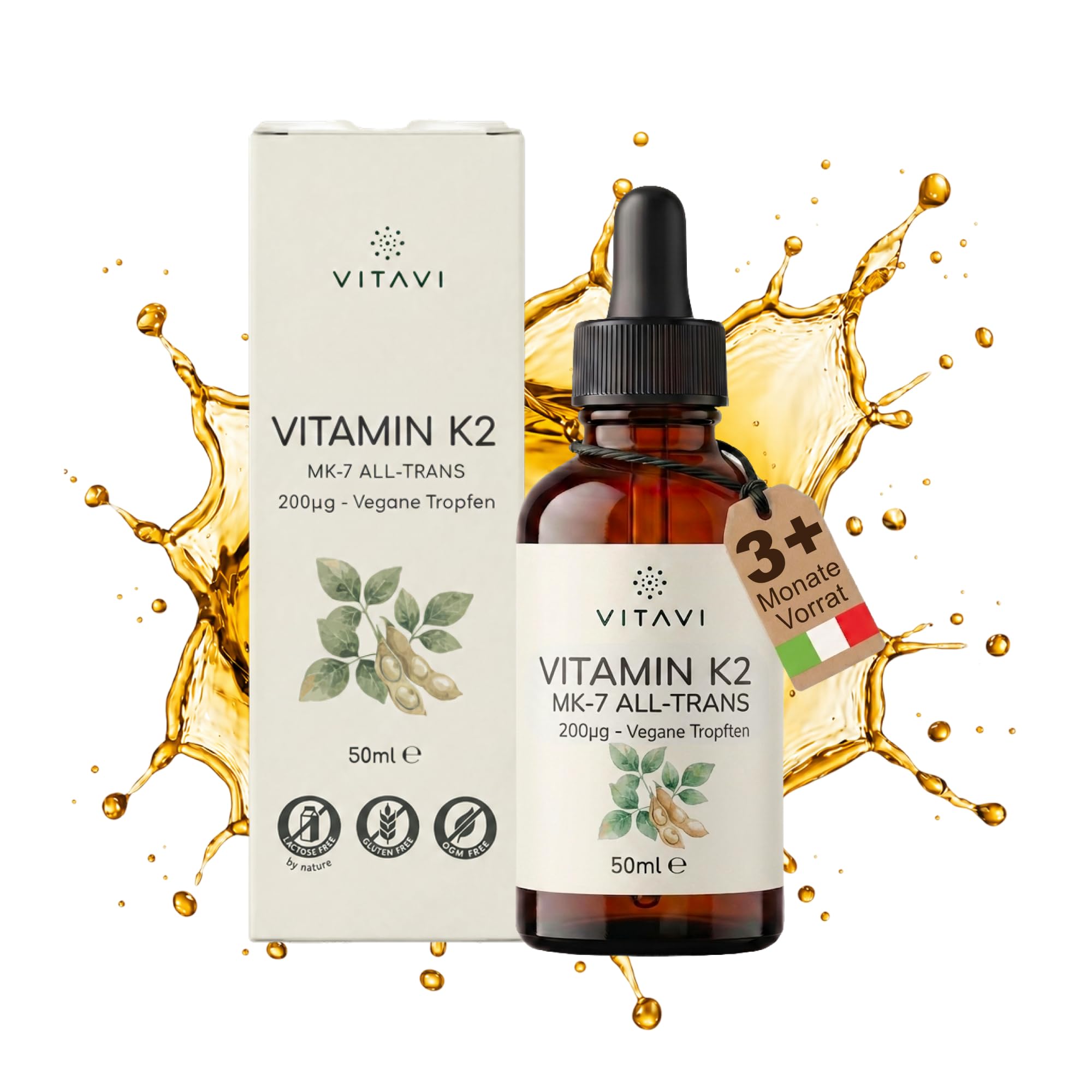 Vitavi Vitamin K2 MK7 Tropfen 200 µg - 50 ml, Hochdosiert | 200 µg Vitamin K2 MK7 pro Tag (267% Referenzwert). Für Knochen & Blutgerinnung. Nur Olivenöl & Menachinon-7.