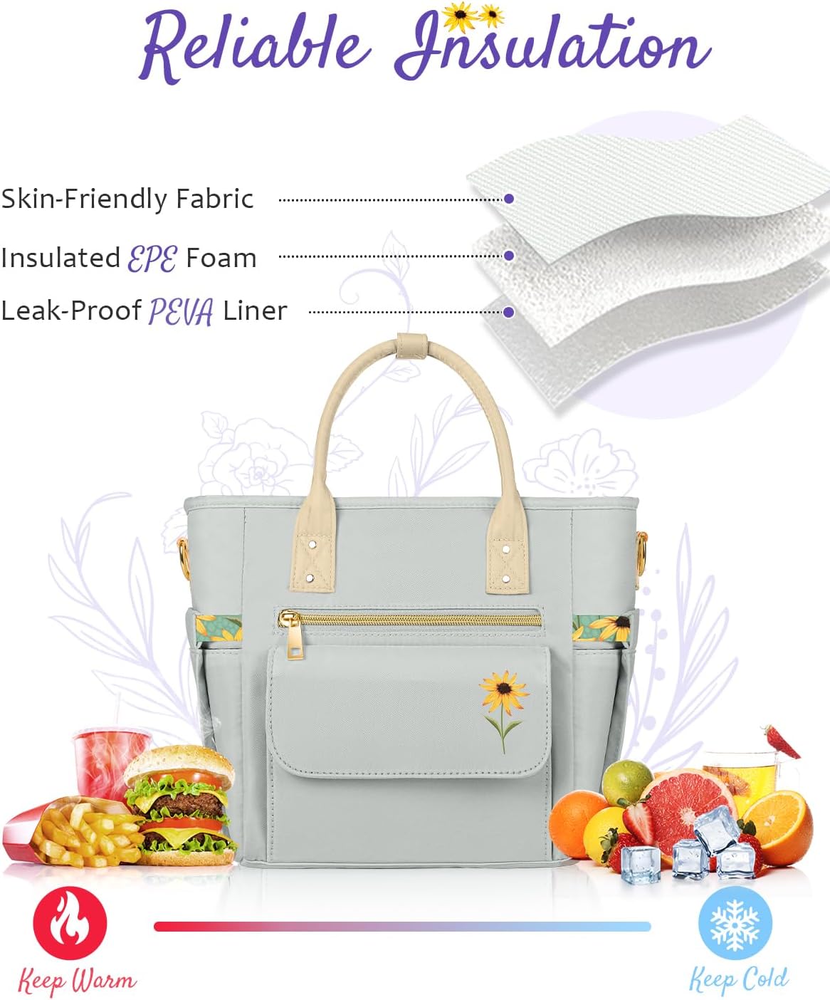 Deluxe Insulated Lunch Box Bag Women - Leakproof Waterproof Cooler with Multi Pockets Removable Strap for Work Picnic - Teacher Mothers Day Christmas Birthday Gifts - Image 4