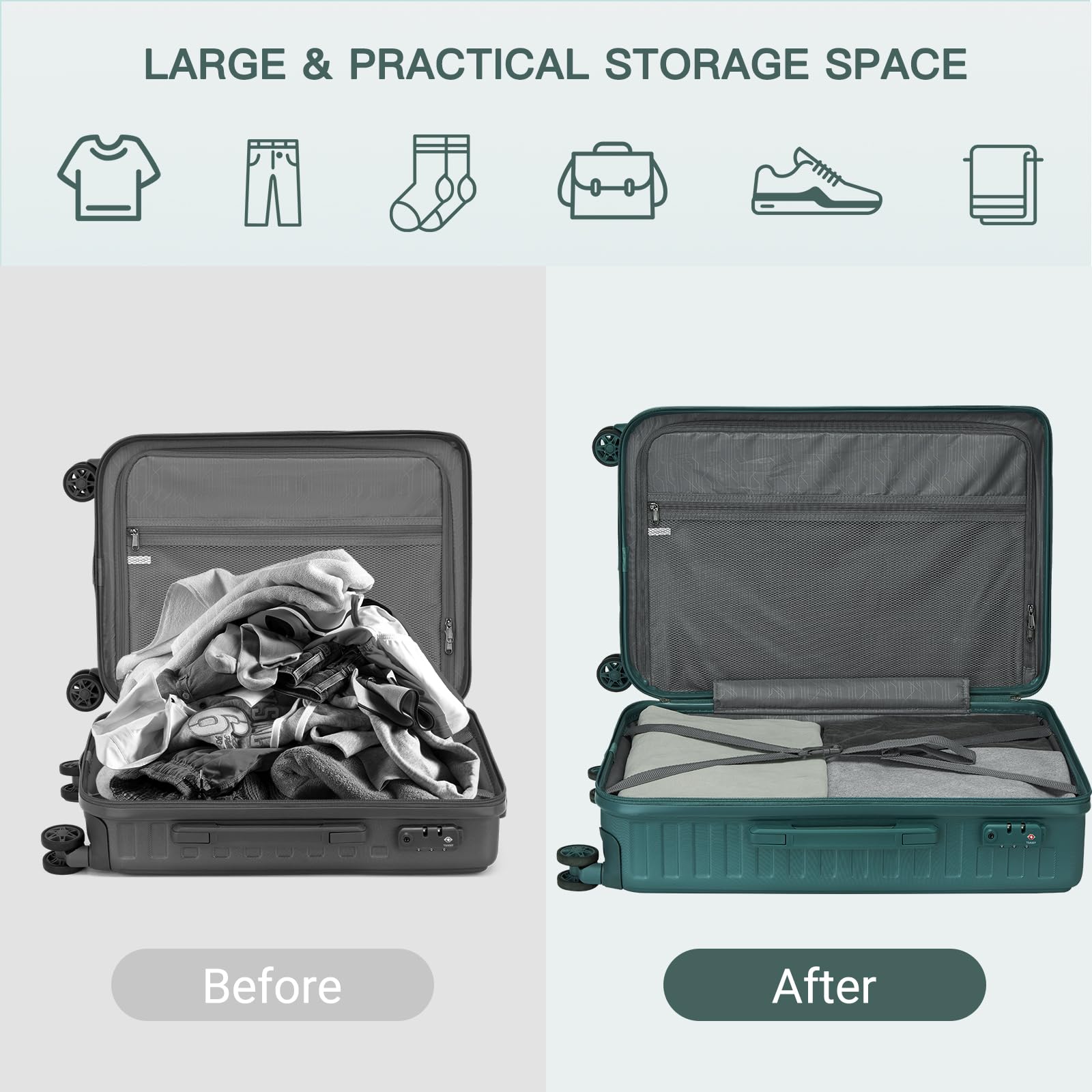 64,5cm Valigia Media Rigida Leggero da Trasportare Trolley Medio Rigido con Ruote e Serratura TSA,Verde