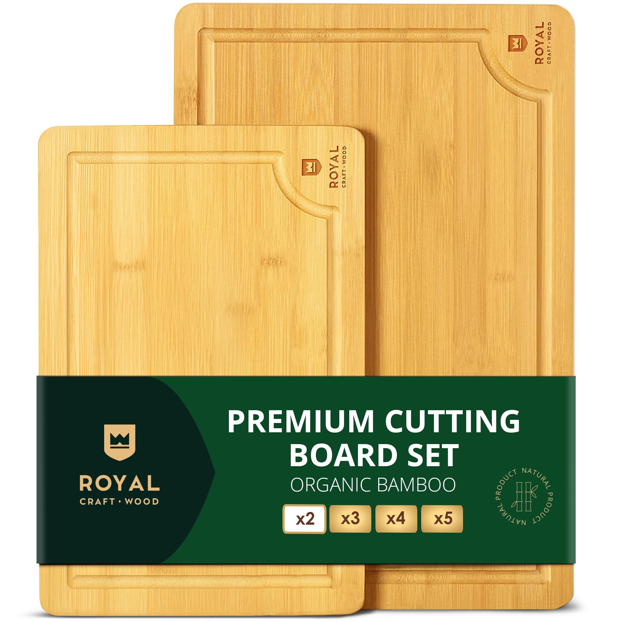 ROYAL CRAFT WOOD Bamboo Cutting Board with Juice Groove - Kitchen Chopping Board for Meat (er Block) Cheese and Vegetables | Serving Tray w/Handles (2-Pieces)