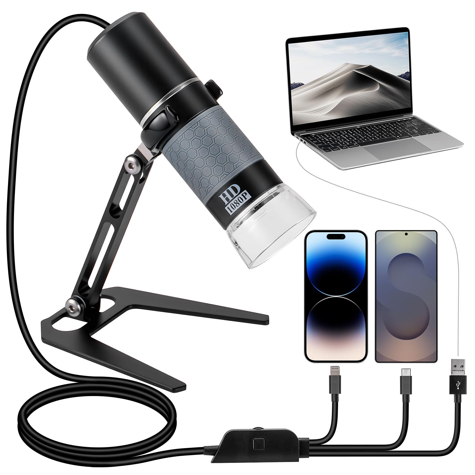 Microscope Numérique USB Full HD 1080P pour iPhone iPad Android PC, Microscope Portable Haute Définition 50-1000X avec Lumière pour Pièces de Monnaie Plantes Trichome Soudure Peau