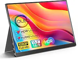VILVA Monitor portátil OLED para laptop - 13.3 1080p FHD monitor USB-C HDMI laptop com capa e alto-falantes externos/PC/Mac/telefone/Xbox Switch/PS4