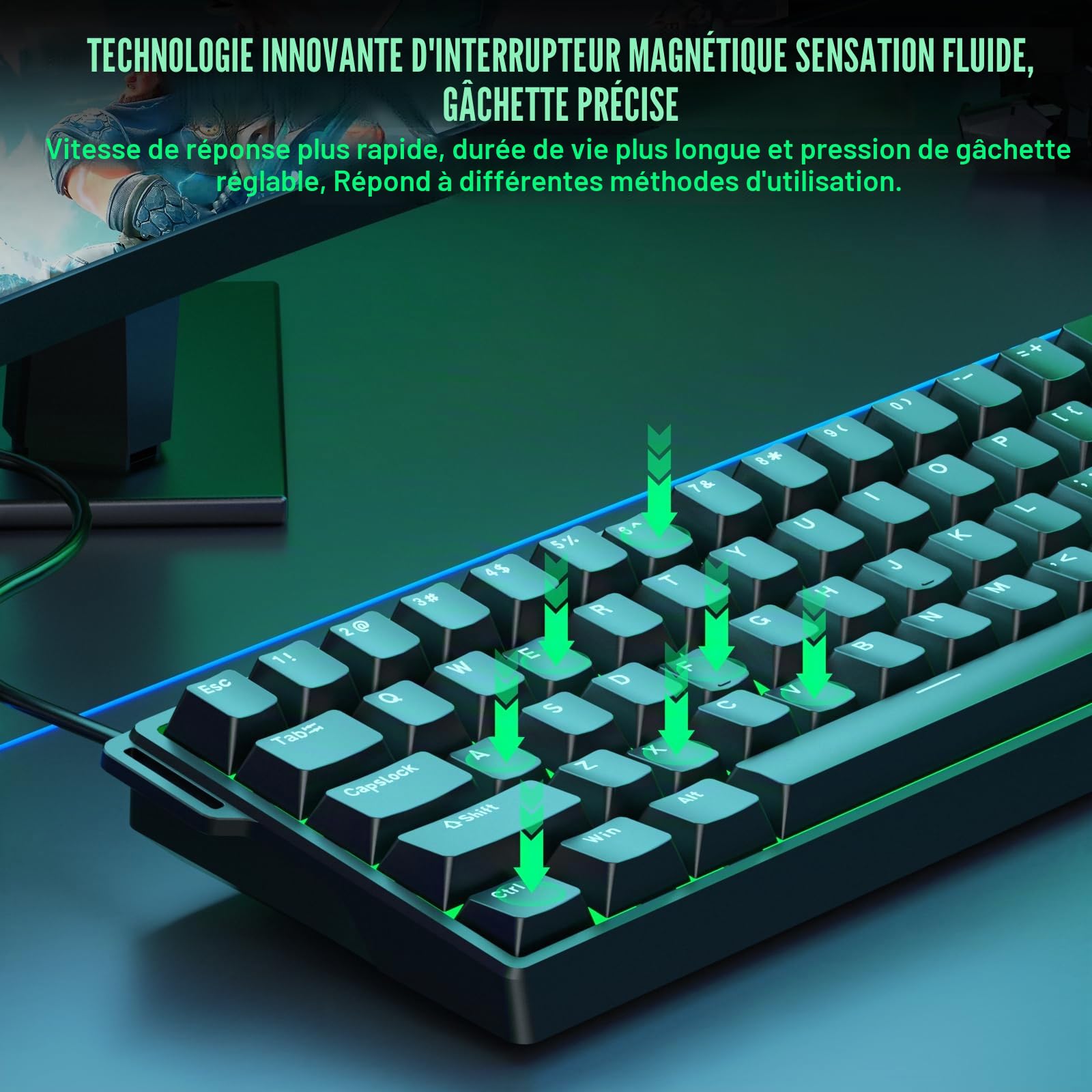 Aula WIN60 HE - Clavier de jeu mécanique filaire 60%, interrupteur magnétique, activation réglable, déclenchement rapide, taux d'interrogation de 8000 Hz, clavier RVB compact