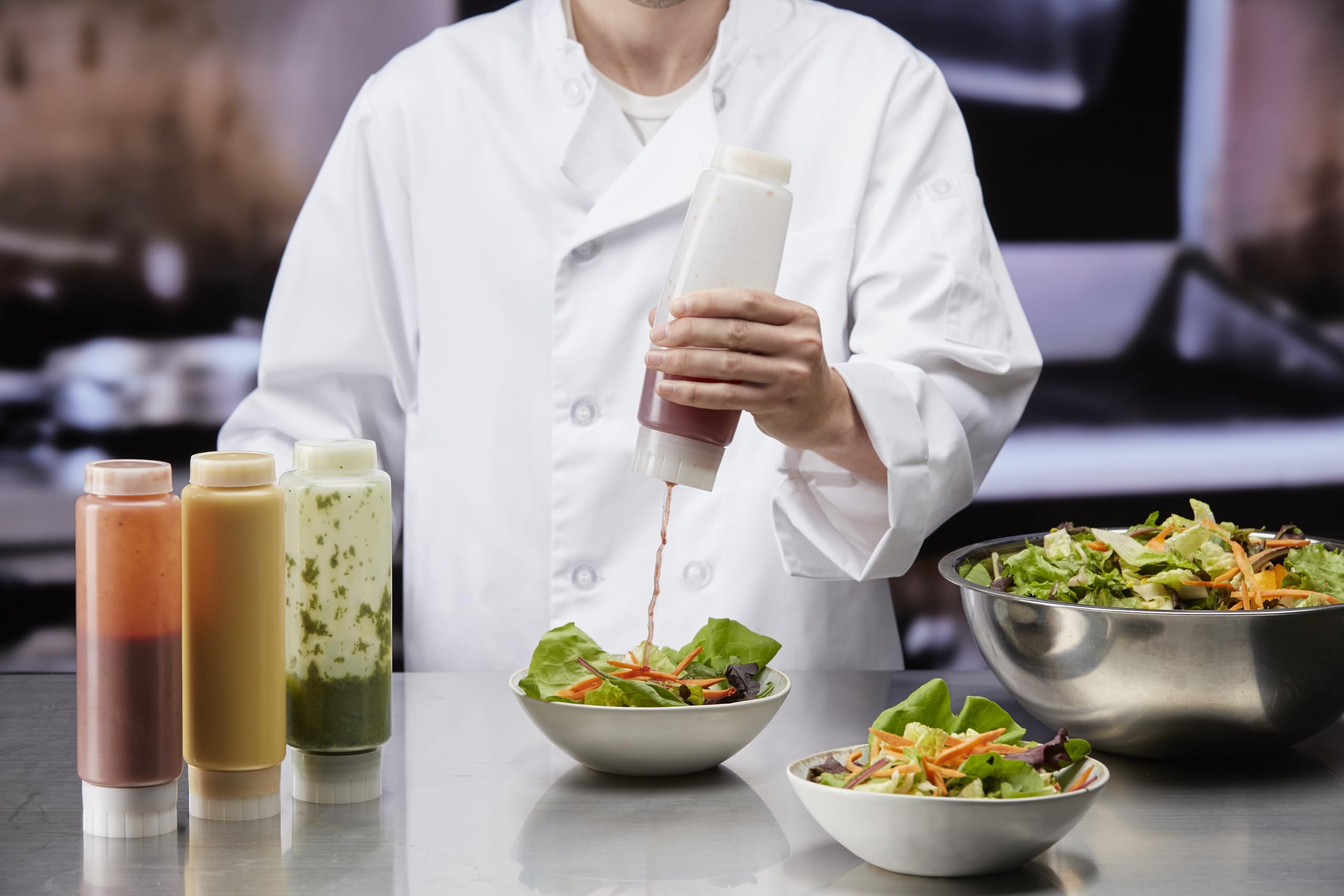 90290 - Paquete de 6 botellas de plástico rellenables de 16 onzas, aptas para todo tipo de salsas, condimentos, masa y aderezo para restaurantes, comensales y camiones de comida 6