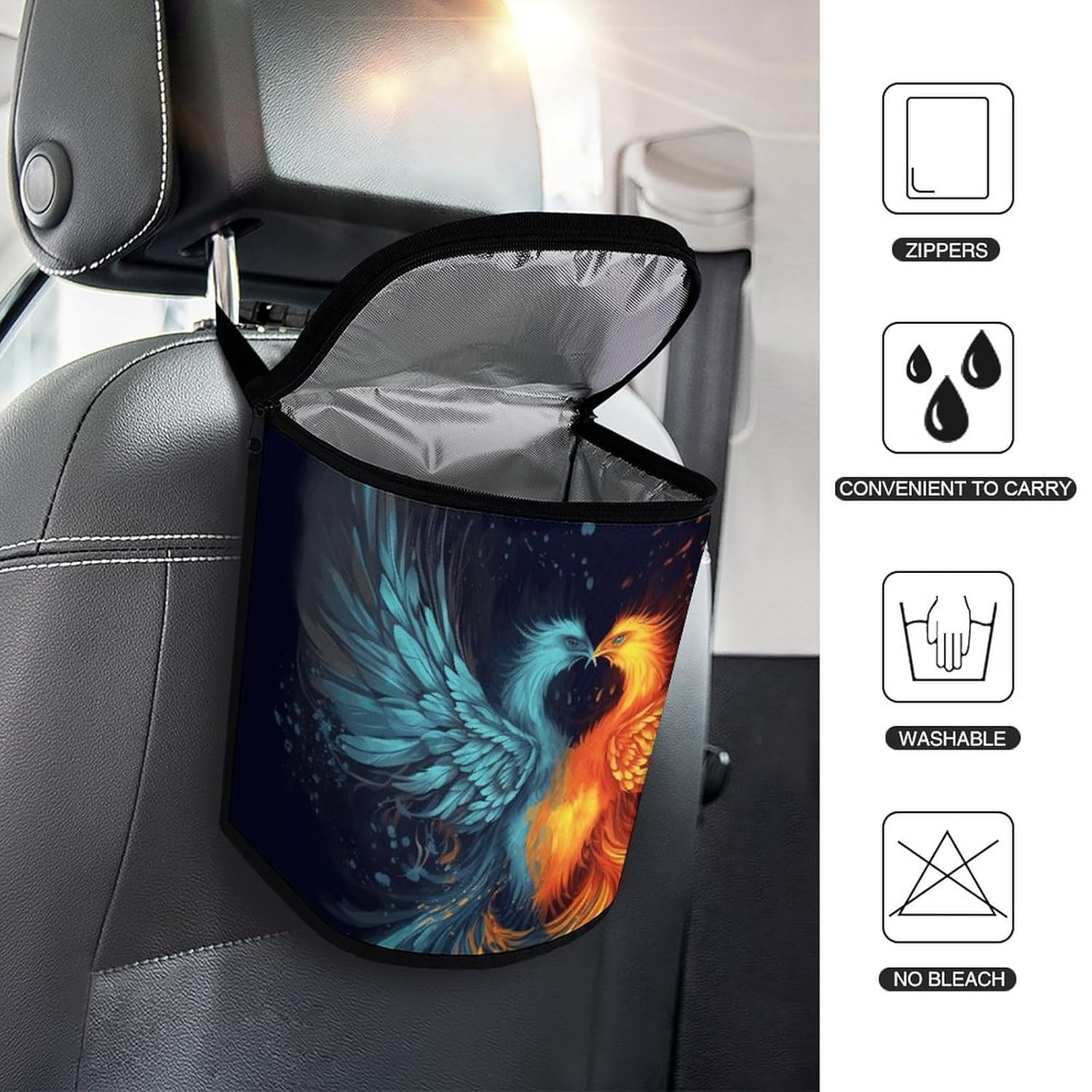 Hanging Car Trash Bag Fire and Water Phoenix Printed Car Garbage Storage Bag Leakproof Car Trash Can Portable Garbage Storage Bags