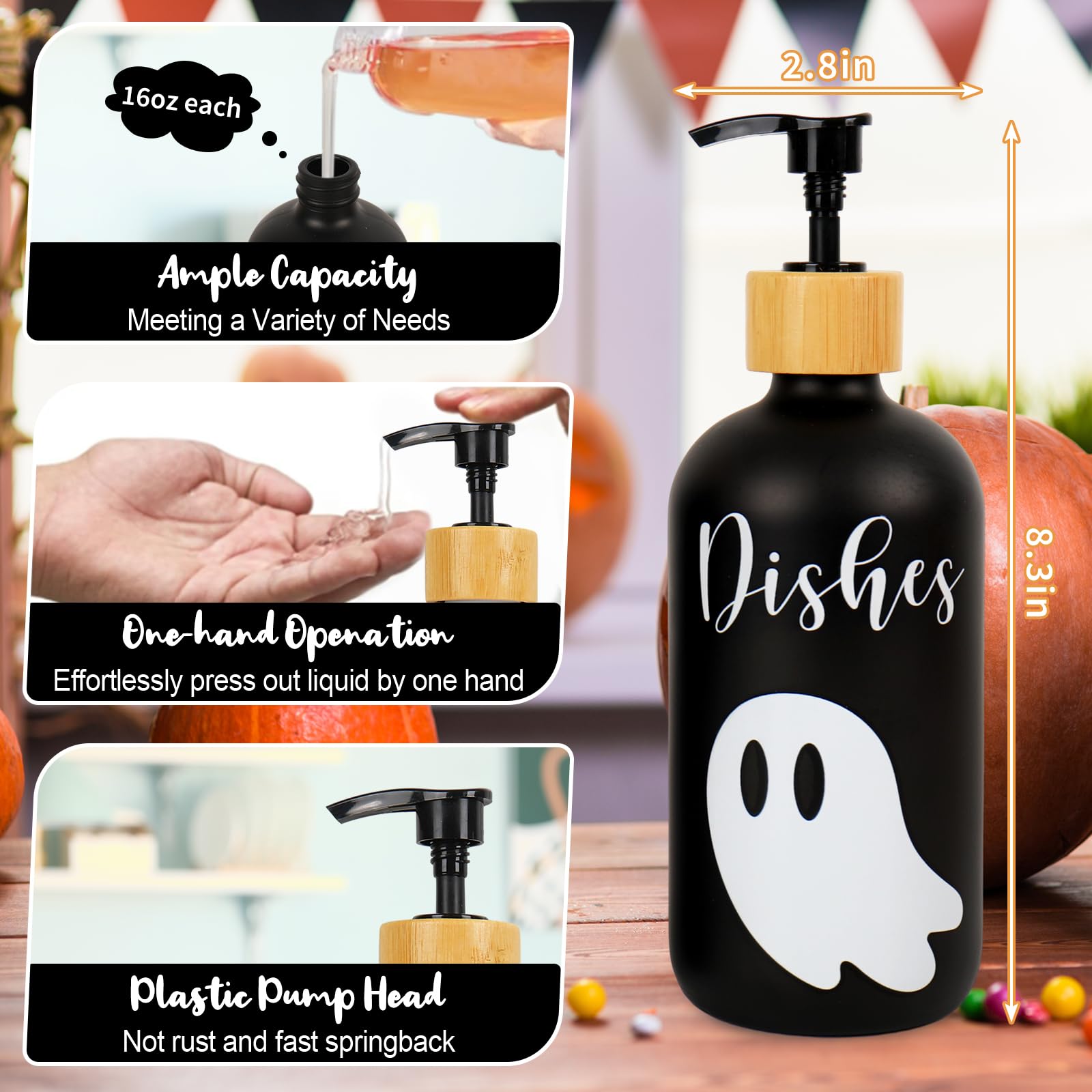JarThenaAMCS Halloween-Seifenspender mit Pumpe, 473 ml, nachfüllbar, schwarzer Flüssigseifenbehälter für Küche, Badezimmer, 2 Stück