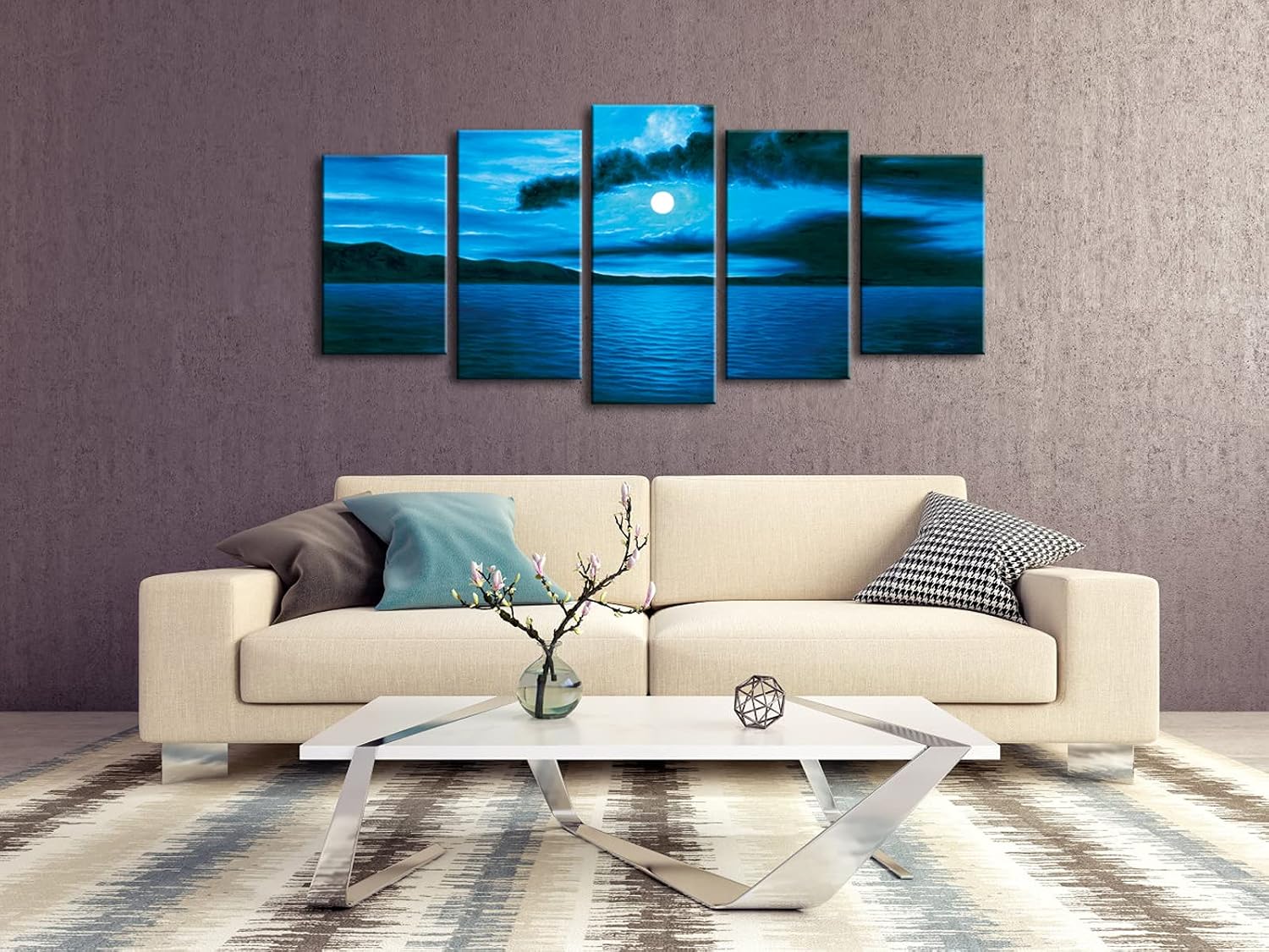Wieco Art Dark Blue Ocean White Sun Modern 5 Piece Wrapped Giclee Canvas Prints Contemporary Seascape Artwork Beach Pictures Paintings on Canvas Wall Art for Living Room Bedroom Home Decorations