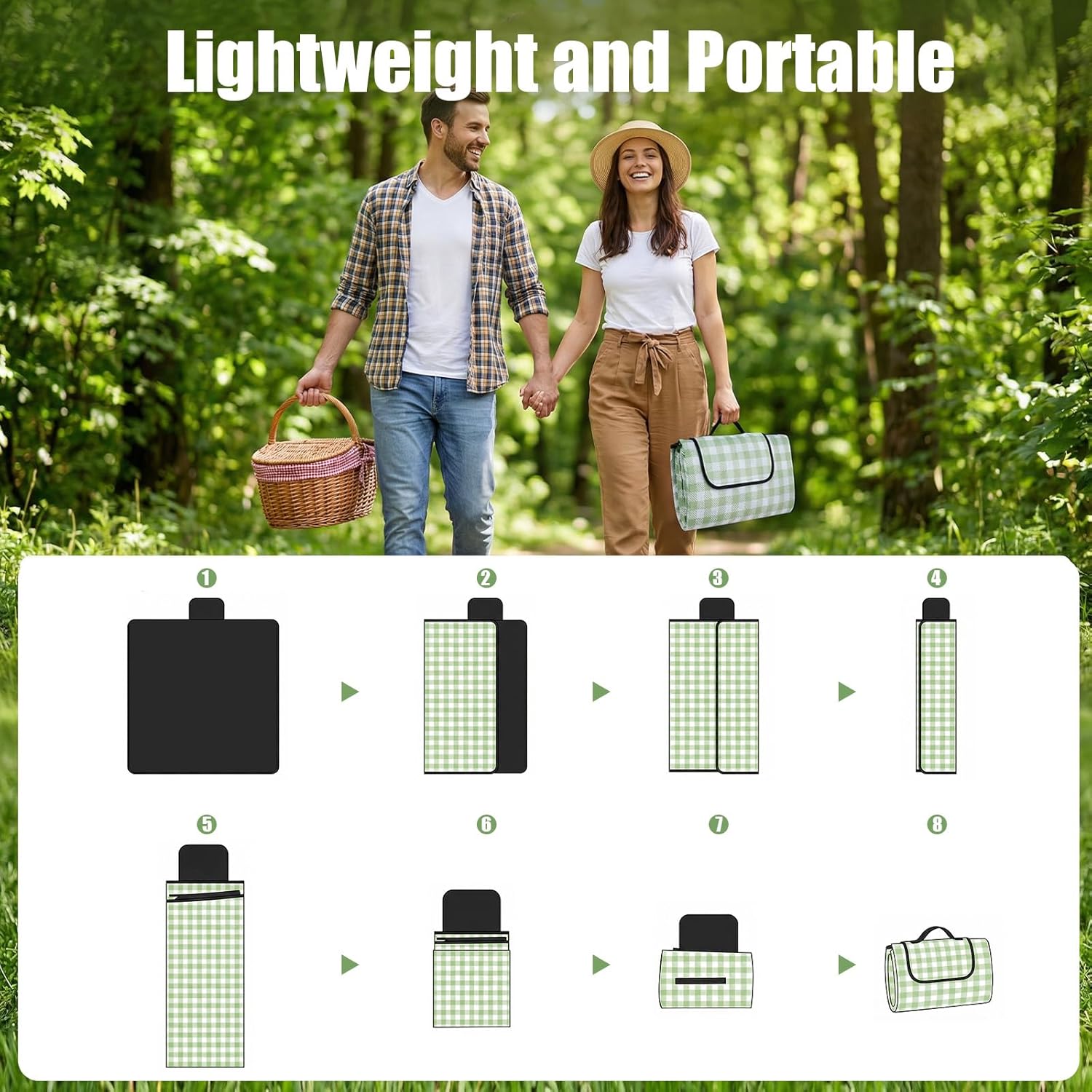 1Pc Picnic Outdoor Blanket 80x80'' Large Waterproof Foldable Blankets Gingham Picnic Mat Foldable Camping Mat for Beach Lawn Park (Green, White)