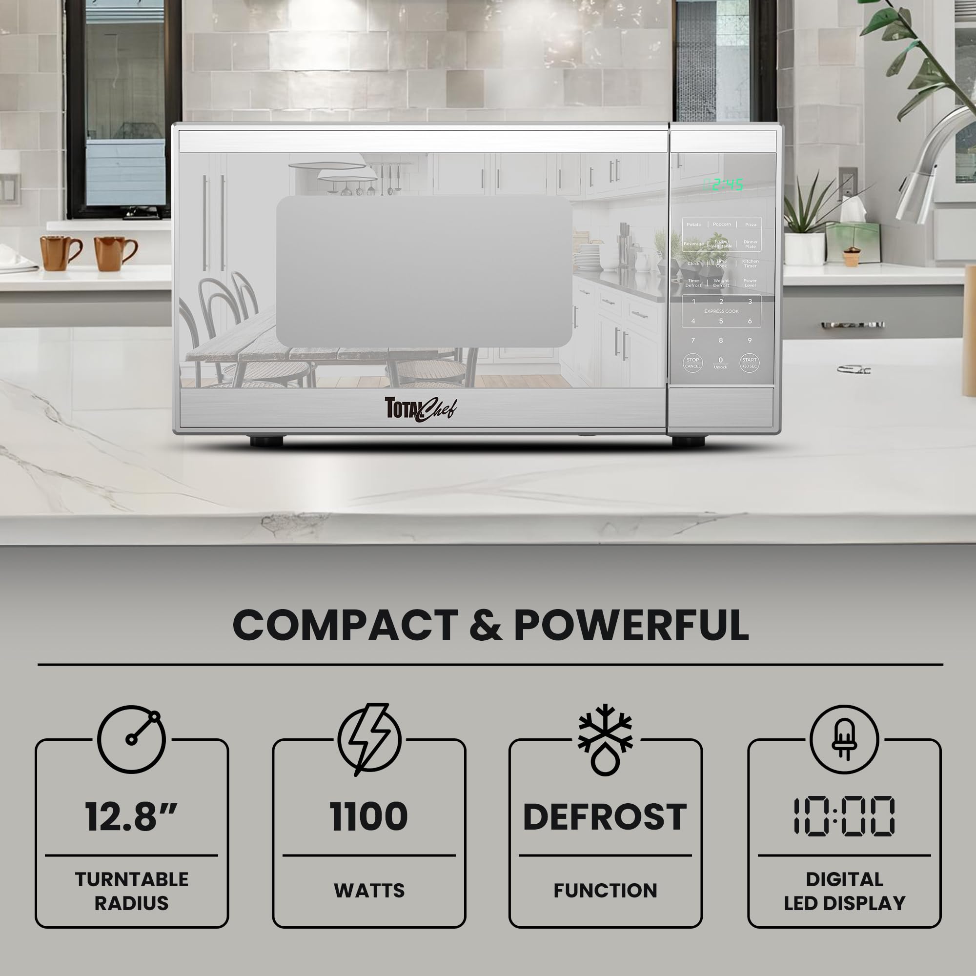 Total Chef - Horno de microondas compacto para encimera, 1100 W, capacidad de 1.3 pies cúbicos, controles de visualización táctil digitales, apertura de botón pulsador de un solo toque, 6 modos de