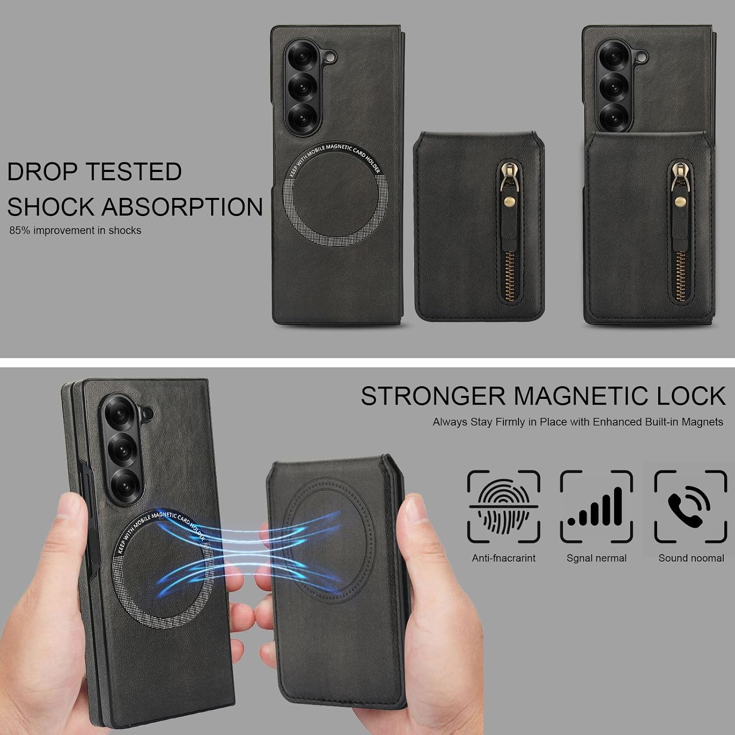 for Samsung Galaxy Z Fold 6 Case with 2 in 1 Detachable Magnetic Wallet, 4 Card Slots and Zipper Pocket,Compatible MagSafe, RFlD Blocking Premium PU Leather Wireless Charging-Black