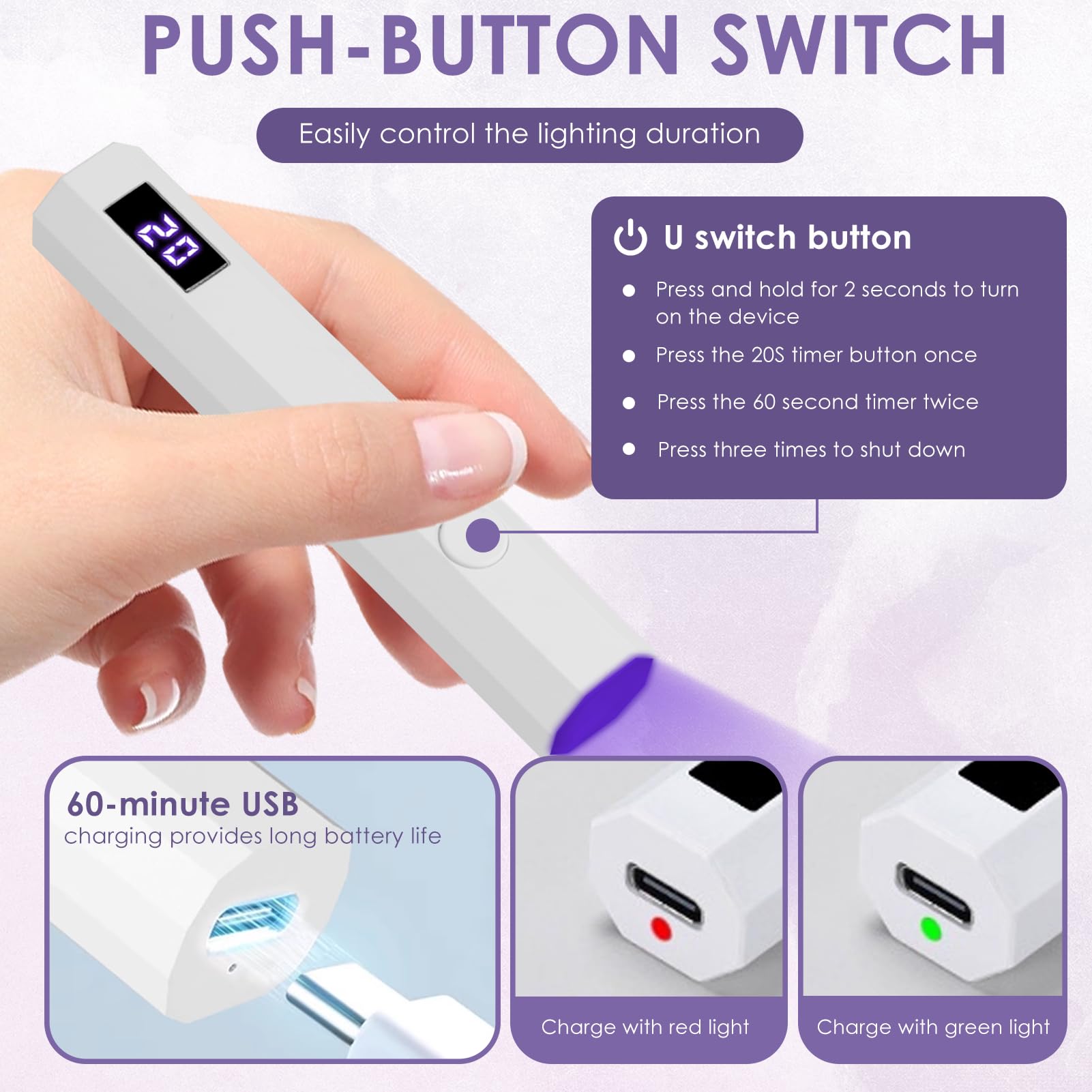 Mini UV Lamps for Gel Nails with LED Screen Handheld Small Nail Lamps Led Flashlight USB Rechargeable 180mAh 3W Flash Cure Nail Drye 20s 60s Timer Fast Drying for Women DIY at Home Travel Salo White - Image 4