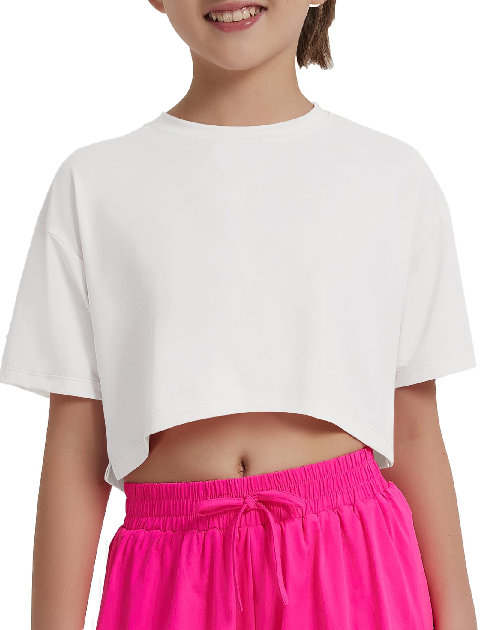 EXARUS Girls Athletic Shirts Crop Tops Cropped T Shirt Quick Dry Short Sleeve Workout Loose Fit Casual Summer Kids White 12Y