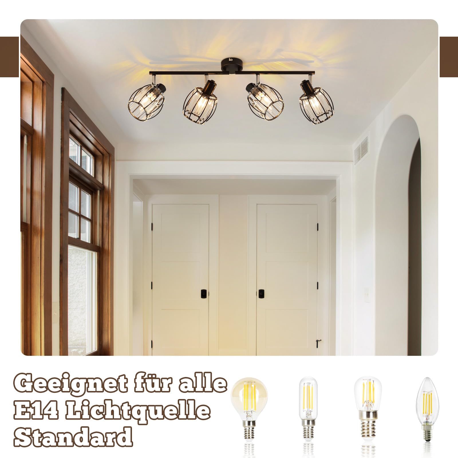 ZMH Deckenstrahler 4 Flammig Vintage Schwarz Kristall E14 Wohnzimmerlampe